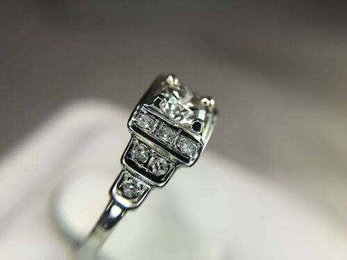 Vintage Art Deco 18k White Gold Round Single Cut Diamond Engagement Ring 3/4 ct