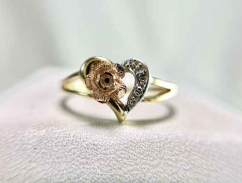 Vintage 10k Yellow Rose Gold Round Single Cut Diamond Flower Heart Ring