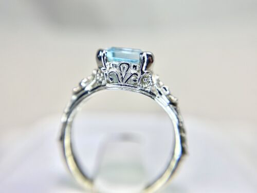 Vintage 10k White Gold Square Cut Blue Topaz Flower Filigree Solitaire Ring