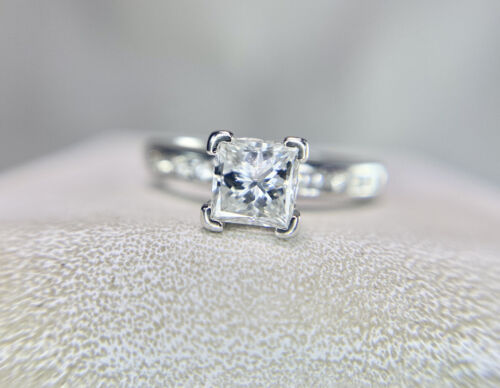 14k White Gold Natural Princess Cut Round Brilliant Diamond Engagement Ring