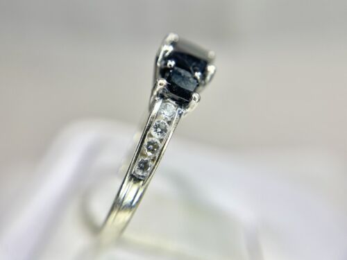 10k White Gold Signed Natural Princess Cut Black Diamond Engagement Ring