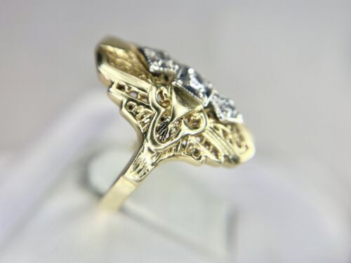 Vintage Art Deco 14k Yellow Gold Natural Round Diamond Filigree Shield Ring