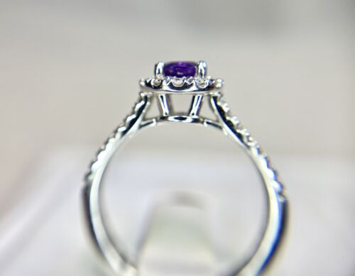 10k White Gold Natural Round Purple Amethyst Diamond Halo Engagement Ring