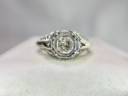 Art Deco 18k White Gold Natural Old European Diamond Filigree Engagement Ring