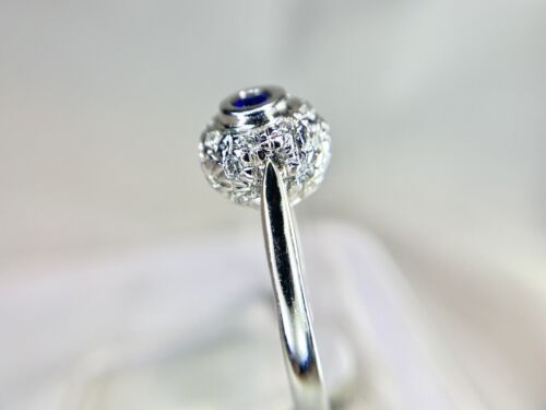 Vintage 14k White Gold Round Brilliant Diamond Blue Sapphire Dome Cocktail Ring