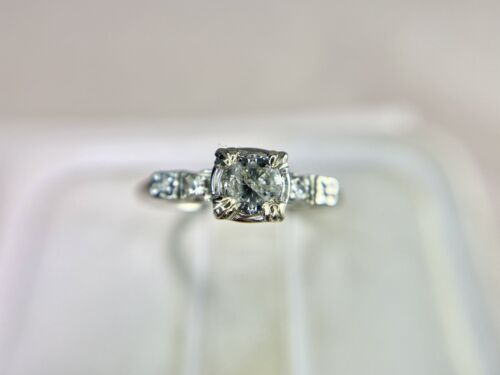 Vintage Art Deco 14k White Gold Natural Round Diamond Engagement Ring