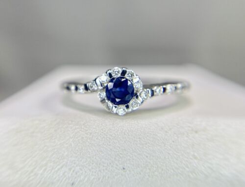 18k White Gold Natural Round Blue Sapphire Diamond Halo Bypass Ring