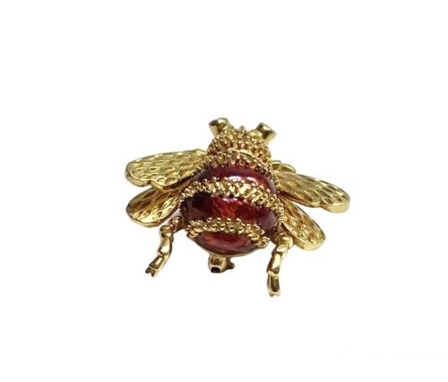 Vintage Yellow Gold 18k Red Enamel Blue Sapphire Handcrafted Bee Pin Brooch