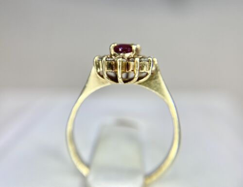 Vintage 14k Yellow Gold Oval Red Ruby Round Diamond Halo Small Cocktail Ring