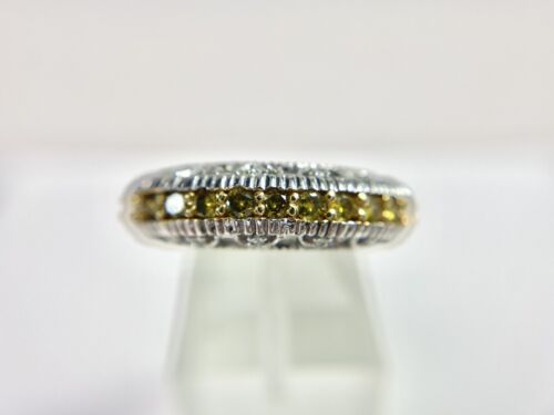 14k White Gold Designer Fancy Yellow Round Brilliant Diamond Filigree Band Ring