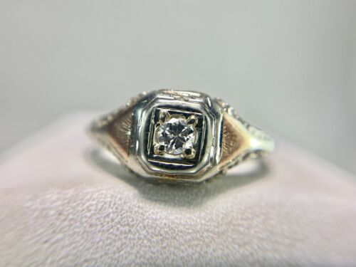 Vintage Art Deco 18k White Gold Old European Diamond Filigree Engagement Ring