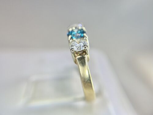 Vintage 14k Yellow Gold Fancy Vivid Blue Round Diamond Three Stone Ring 1 TCW