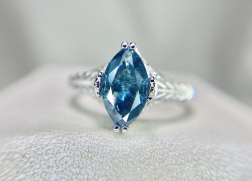 Art Deco 14k White Gold Fancy Blue Color Marquise Diamond Engagement Ring