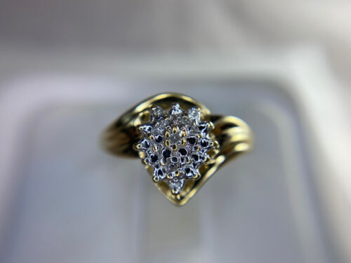 Vintage 10k Yellow Gold Natural Round Single Cut Diamond Cluster Cocktail Ring