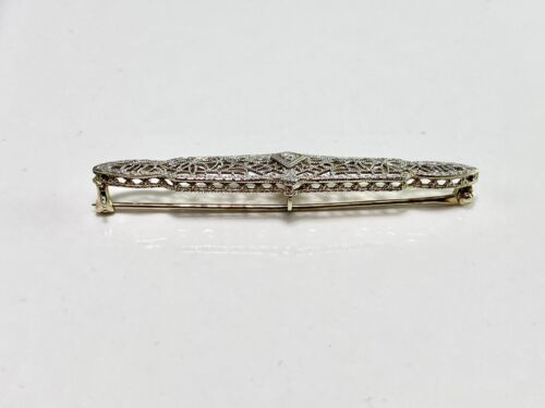 Vintage Art Deco 14k White Gold Natural Old European Diamond Filigree Pin Brooch