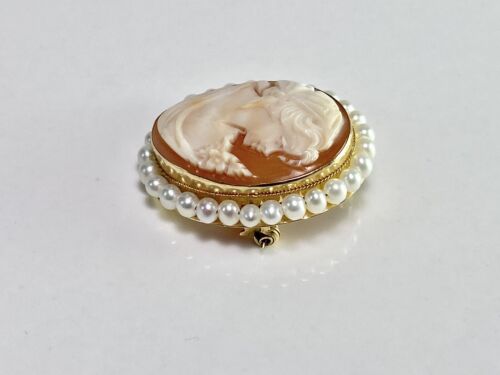 Vintage 14k Yellow Gold Oval Pink Lady Cameo Silhouette Pearl Big Pin Pendant