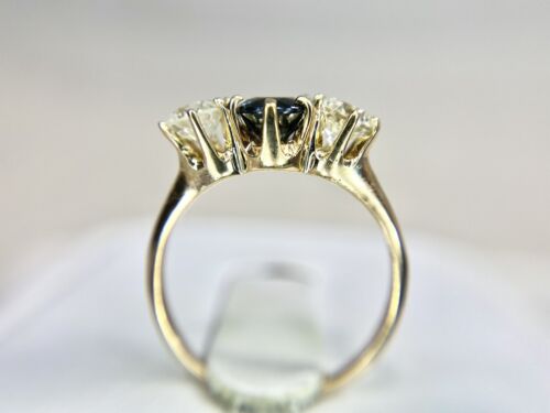 Vintage 14k Yellow Gold Natural Round Blue Sapphire Diamond Three Stone Ring