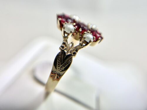 Victorian 10k Rose Gold Red Garnet Round White Seed Pearl Small Cocktail Ring