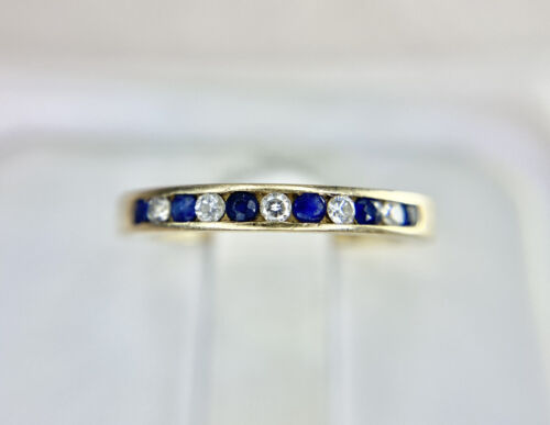 14k Yellow Gold Natural Blue Sapphire Round Diamond Wedding Band Stack Ring