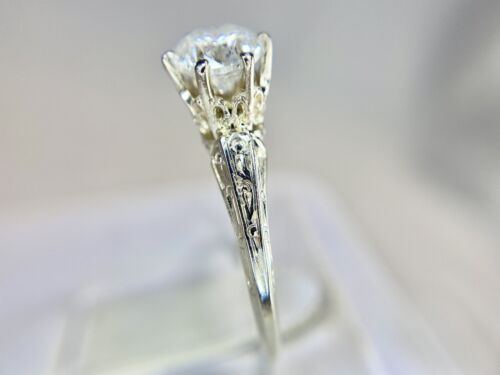 Vintage 14k White Gold Round Natural Diamond Engraved Solitaire Engagement Ring