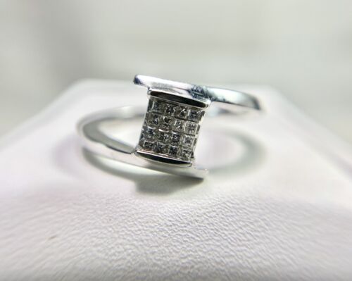 10k White Gold Designer Invisible Set Natural Princess Cut Diamond Bypass Ring