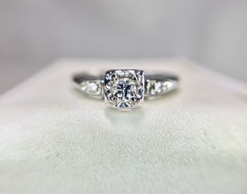 Art Deco Signed 14k White Gold Natural Round Diamond Small Engagement Ring