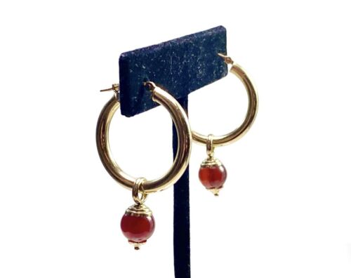 Vintage 14k Yellow Gold Round Red Gemstone Hallow Big Hoop Earrings