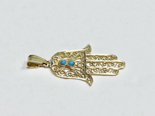 Vintage 14k Yellow Gold Blue Turquoise Hamsa Hand Evil Eye Pendant