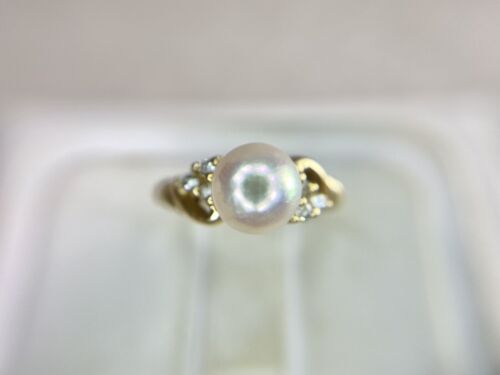 Vintage 10k Yellow Gold Round White Cultured Pearl Natural Diamond Ring