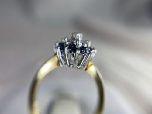 Vintage 14k Yellow Gold Natural Round Diamond Blue Sapphire Cocktail Ring 1 ct