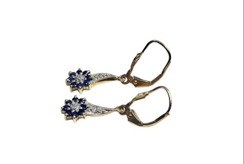 Vintage 10k Yellow Gold Natural Round Blue Sapphire Diamond Flower Earrings