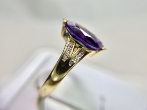 14k Yellow Gold Designer Natural Marquise Purple Amethyst Round Diamond Ring