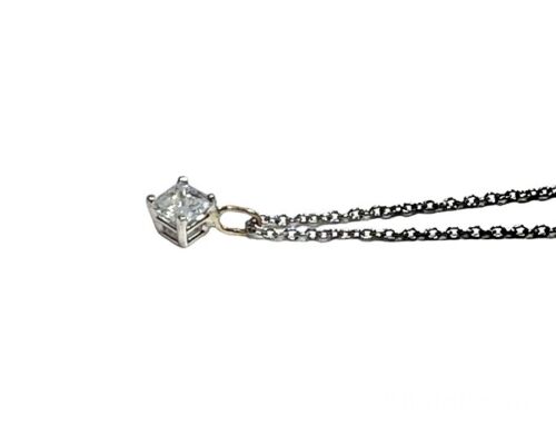 Vintage 14k White Gold Natural Square Radiant Cut Diamond Solitaire Necklace