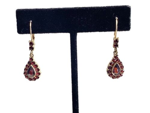 Vintage 14k Yellow Gold Natural Pear Shape Rhodolite Garnet Dangle Earrings 