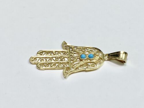 Vintage 14k Yellow Gold Blue Turquoise Hamsa Hand Evil Eye Pendant