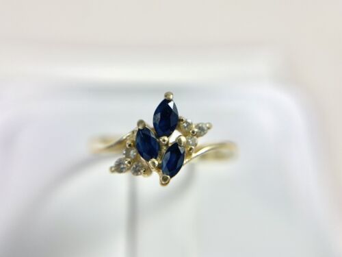 Vintage 14k Yellow Gold Marquise Blue Sapphire Round Diamond Small Cocktail Ring