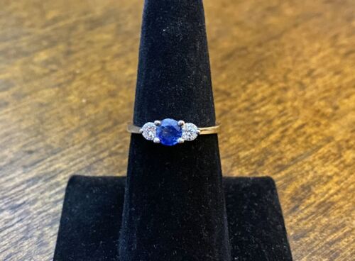 Vintage 14k White Gold Natural Round Blue Sapphire Diamond Three Stone Ring