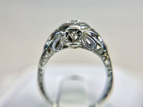 Vintage Art Deco 18k White Gold Natural Round Diamond Filigree Engagement Ring