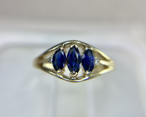 Vintage 14k Yellow Gold Marquise Blue Sapphire Round Diamond Cocktail Ring