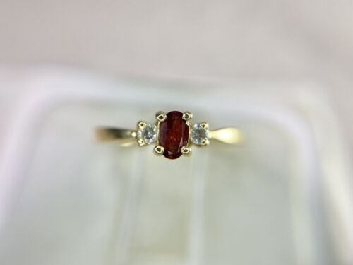 Vintage 14k Yellow Gold Natural Oval Red Rhodolite Garnet Round Diamond Ring