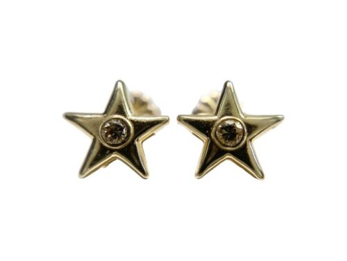 14k Yellow Gold Designer Round Diamond Star Shape Stud Earrings 