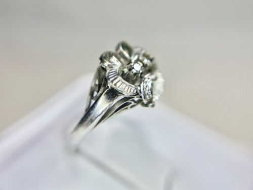 Vintage Art Deco 10k White Gold Round Single Cut Diamond Filigree Cocktail Ring