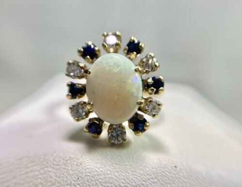 Vintage 14k Yellow Gold Oval White Opal Round Blue Sapphire Diamond Ring