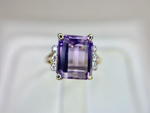 Vintage 14k Yellow Gold Emerald Cut Purple Amethyst Round Diamond Ring