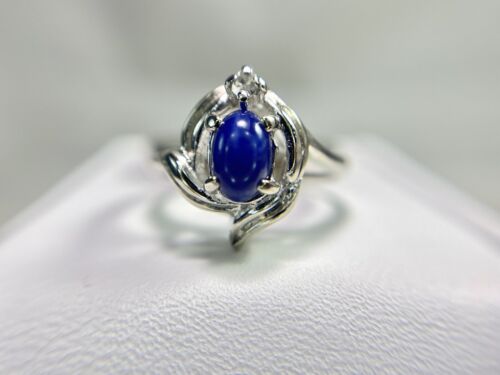 Vintage 14k White Gold Oval Star Sapphire Round Single Cut Diamond Cocktail Ring