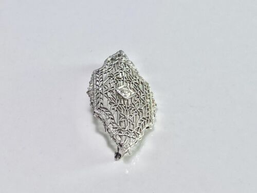 Vintage Art Deco 14k Round Old European Natural Diamond Filigree Pin Brooch