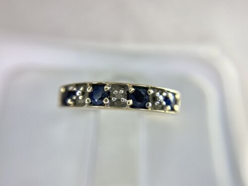 10k Yellow Gold Natural Round Blue Sapphire Round Diamond Wedding Band Ring