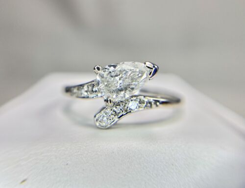 Art Deco 14k White Gold Pear Shape Round Single Cut Diamond Engagement Ring