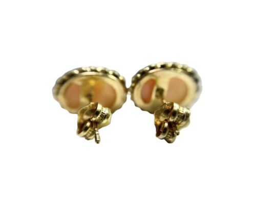 Vintage 14k Yellow Gold Oval Shape Pink Cameo Lady Silhouette Stud Earrings