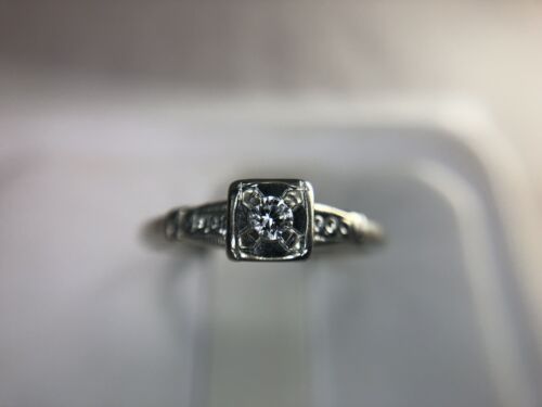 Vintage 14k White Gold Round Brilliant Natural Diamond Small Engagement Ring